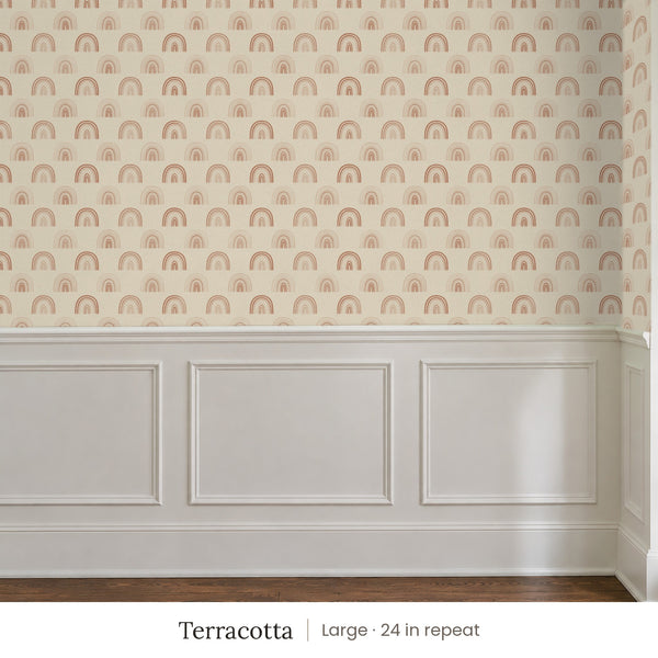 Over the Rainbow Terracotta peel and stick wallpaper, large 24 in repeat, above white panel wainscoting