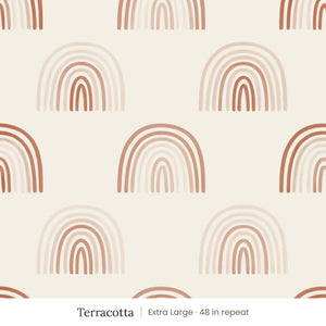 Over the Rainbow wallpaper in Terracotta, extra large 48 in repeat, soft terracotta and blush rainbows on cream