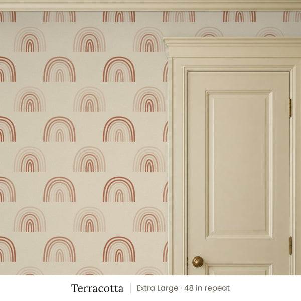 Over the Rainbow Terracotta peel and stick wallpaper, extra large 48 in repeat, beside a cream panel door