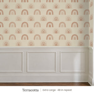 Over the Rainbow Terracotta peel and stick wallpaper, extra large 48 in repeat, above white panel wainscoting