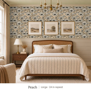 Sadie Peach peel and stick wallpaper, large 24 in repeat, in a bedroom with shiplap paneling and framed landscape prints
