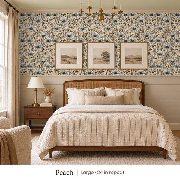 Sadie Peach peel and stick wallpaper, large 24 in repeat, in a bedroom with shiplap paneling and framed landscape prints