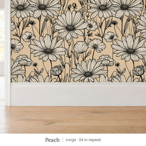 Sadie Peach peel and stick wallpaper, large 24 in repeat, above a white baseboard and oak floor