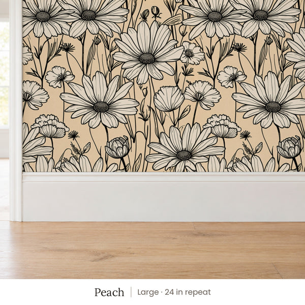 Sadie Peach peel and stick wallpaper, large 24 in repeat, above a white baseboard and oak floor