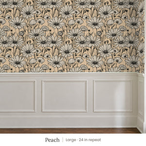 Sadie Peach peel and stick wallpaper, large 24 in repeat, above white panel wainscoting