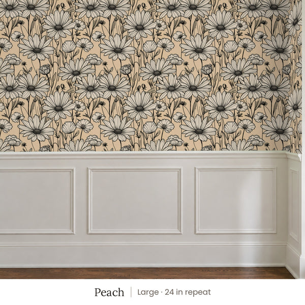 Sadie Peach peel and stick wallpaper, large 24 in repeat, above white panel wainscoting