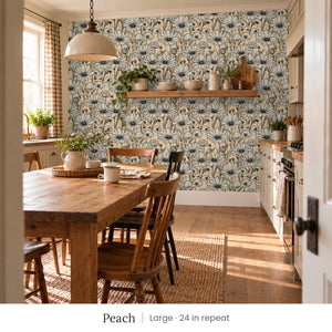 Sadie Peach peel and stick wallpaper, large 24 in repeat, in a kitchen with a farmhouse table and a pendant light
