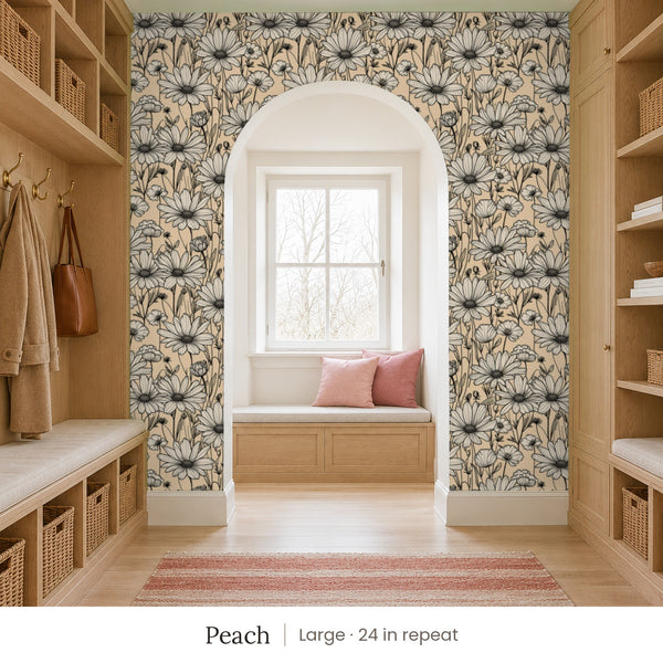 Sadie Peach peel and stick wallpaper, large 24 in repeat, in a mudroom with an arched window seat