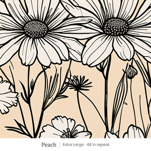 Sadie wallpaper in Peach, extra large 48 in repeat, white daisies outlined in black on peach