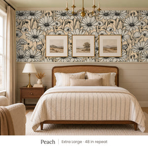 Sadie Peach peel and stick wallpaper, extra large 48 in repeat, in a bedroom with shiplap paneling and framed landscape prints
