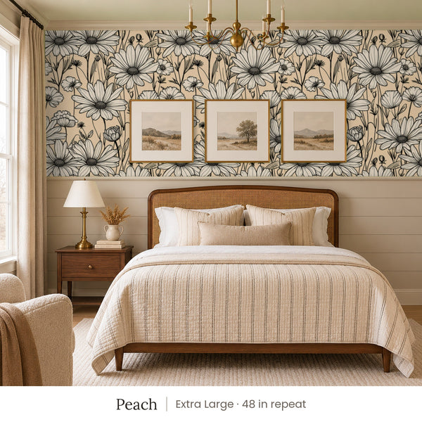 Sadie Peach peel and stick wallpaper, extra large 48 in repeat, in a bedroom with shiplap paneling and framed landscape prints