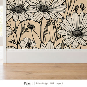 Sadie Peach peel and stick wallpaper, extra large 48 in repeat, above a white baseboard and oak floor