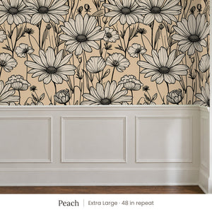 Sadie Peach peel and stick wallpaper, extra large 48 in repeat, above white panel wainscoting