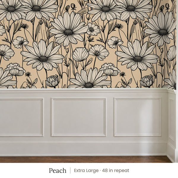 Sadie Peach peel and stick wallpaper, extra large 48 in repeat, above white panel wainscoting