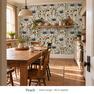 Sadie Peach peel and stick wallpaper, extra large 48 in repeat, in a kitchen with a farmhouse table and a pendant light