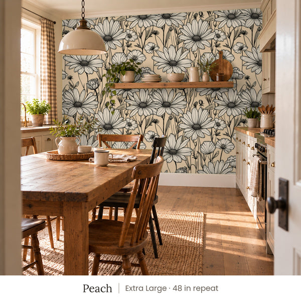 Sadie Peach peel and stick wallpaper, extra large 48 in repeat, in a kitchen with a farmhouse table and a pendant light