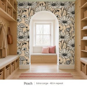Sadie Peach peel and stick wallpaper, extra large 48 in repeat, in a mudroom with an arched window seat