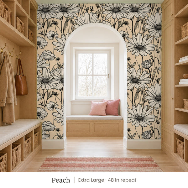 Sadie Peach peel and stick wallpaper, extra large 48 in repeat, in a mudroom with an arched window seat
