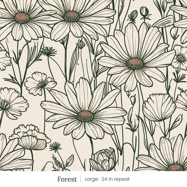 Sadie wallpaper in Forest, large 24 in repeat, dark green line-drawn daisies with pink centers on cream