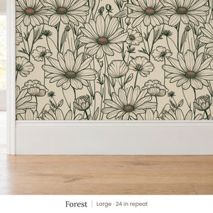 Sadie Forest peel and stick wallpaper, large 24 in repeat, above a white baseboard and oak floor