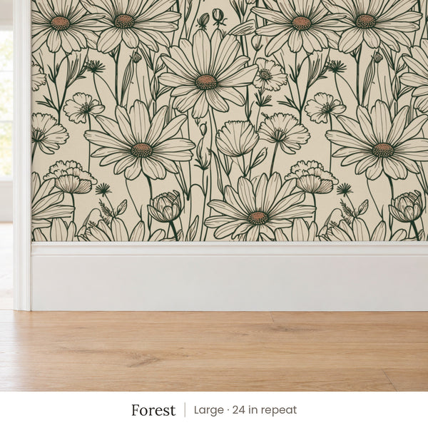 Sadie Forest peel and stick wallpaper, large 24 in repeat, above a white baseboard and oak floor