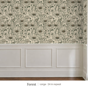 Sadie Forest peel and stick wallpaper, large 24 in repeat, above white panel wainscoting