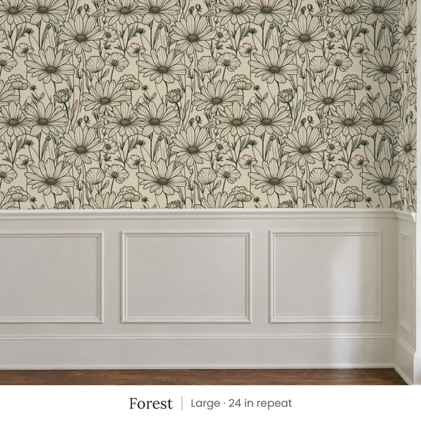 Sadie Forest peel and stick wallpaper, large 24 in repeat, above white panel wainscoting
