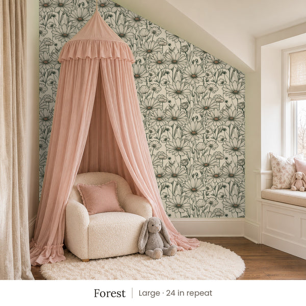 Sadie Forest peel and stick wallpaper, large 24 in repeat, in a girl's nook with a pink canopy and a window seat