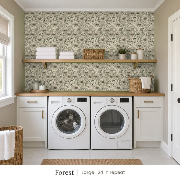 Sadie Forest peel and stick wallpaper, large 24 in repeat, in a laundry room with white cabinets and open shelves