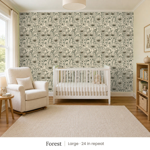 Sadie Forest peel and stick wallpaper, large 24 in repeat, in a nursery with a white crib and an armchair