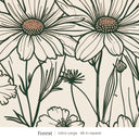 Sadie wallpaper in Forest, extra large 48 in repeat, dark green line-drawn daisies with pink centers on cream