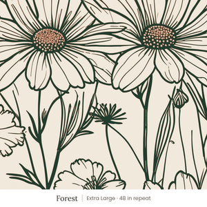 Sadie wallpaper in Forest, extra large 48 in repeat, dark green line-drawn daisies with pink centers on cream