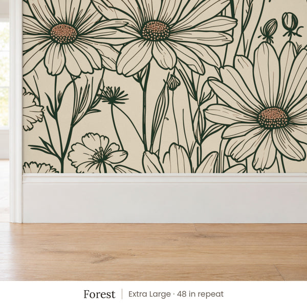 Sadie Forest peel and stick wallpaper, extra large 48 in repeat, above a white baseboard and oak floor