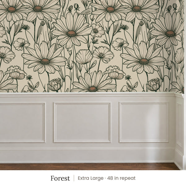 Sadie Forest peel and stick wallpaper, extra large 48 in repeat, above white panel wainscoting