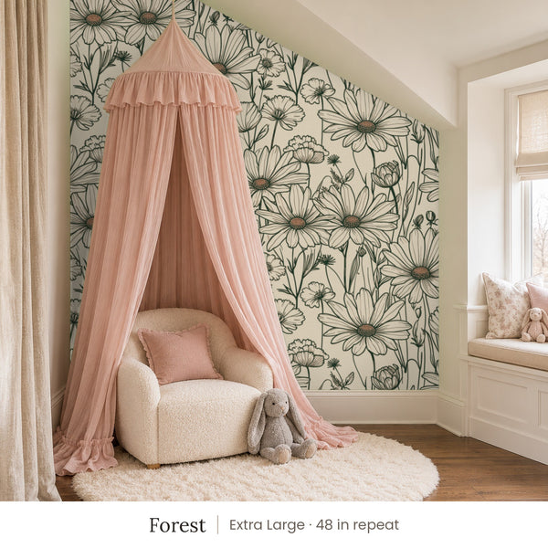 Sadie Forest peel and stick wallpaper, extra large 48 in repeat, in a girl's nook with a pink canopy and a window seat