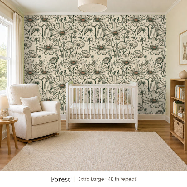 Sadie Forest peel and stick wallpaper, extra large 48 in repeat, in a nursery with a white crib and an armchair