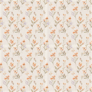 Pippa wallpaper in Clay, coral flowers with sage leaves and lavender sprigs on cream