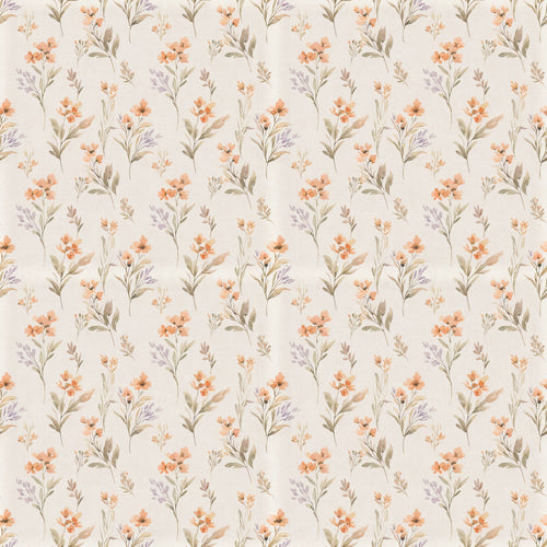 Pippa wallpaper in Clay, coral flowers with sage leaves and lavender sprigs on cream