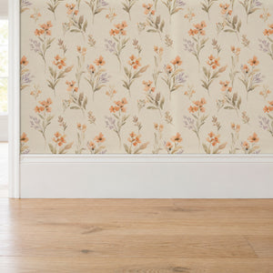 Pippa Clay peel and stick wallpaper above a white baseboard and oak floor