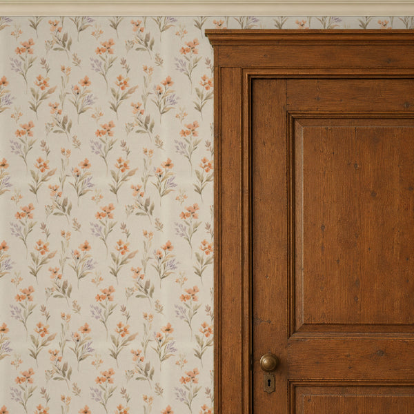 Pippa Clay peel and stick wallpaper beside a dark wood panel door