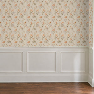 Pippa Clay peel and stick wallpaper above white panel wainscoting