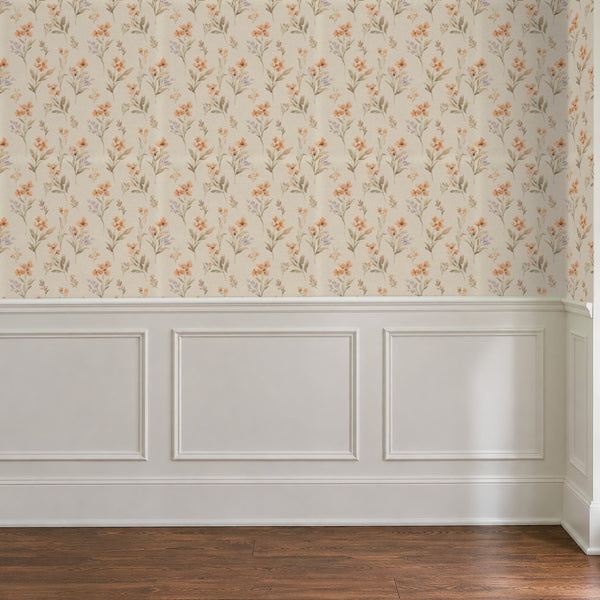 Pippa Clay peel and stick wallpaper above white panel wainscoting