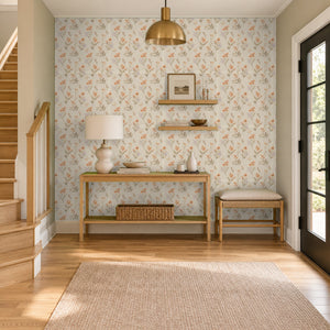 Pippa Clay peel and stick wallpaper in an entry with a console table beside the stairs