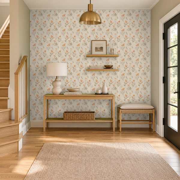 Pippa Clay peel and stick wallpaper in an entry with a console table beside the stairs