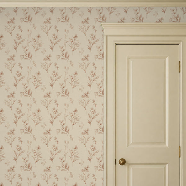 Pippa Rose peel and stick wallpaper beside a cream panel door