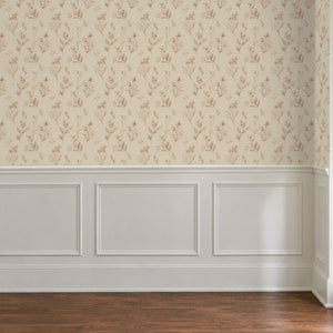 Pippa Rose peel and stick wallpaper above white panel wainscoting
