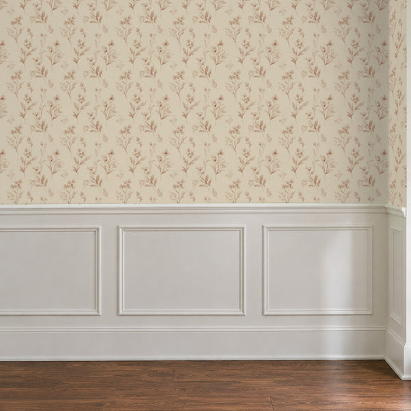 Pippa Rose peel and stick wallpaper above white panel wainscoting