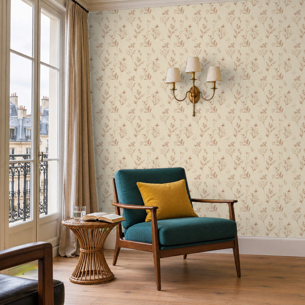 Pippa Rose peel and stick wallpaper in a reading corner with a teal armchair