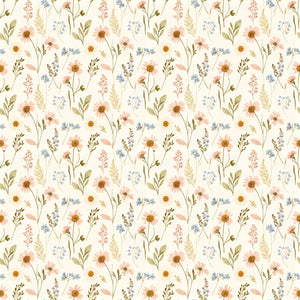 Nell wallpaper in Cream, peach daisies, blue and lavender wildflowers and sage leaves on cream
