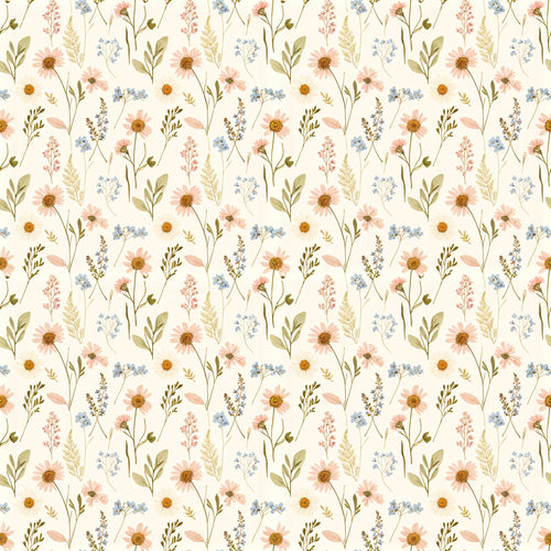 Nell wallpaper in Cream, peach daisies, blue and lavender wildflowers and sage leaves on cream